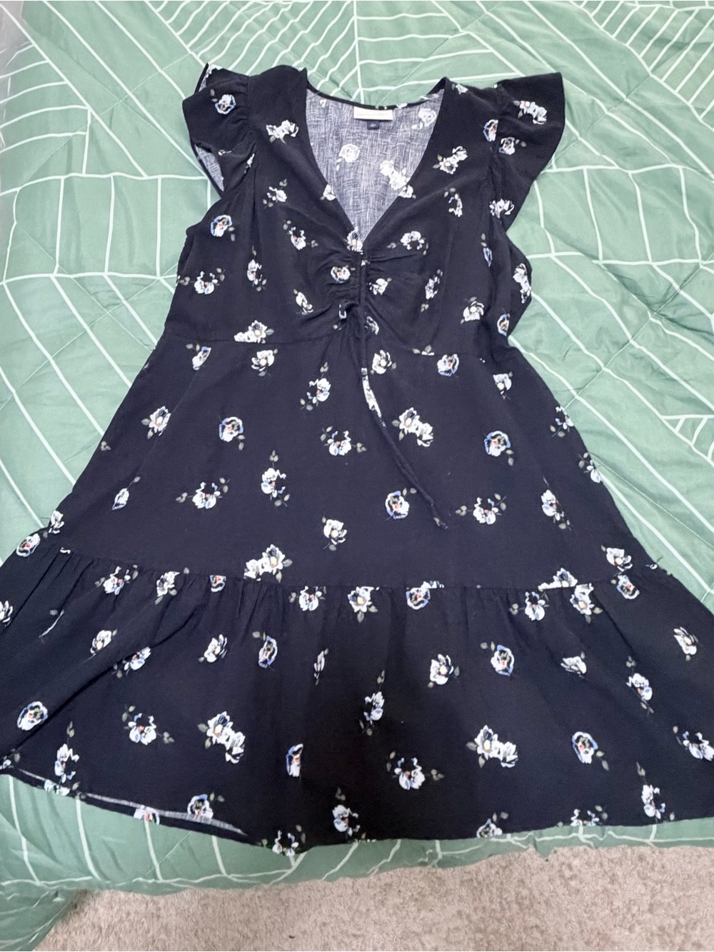 Navy Floral Tie-Front Ruffle Hem Dress
